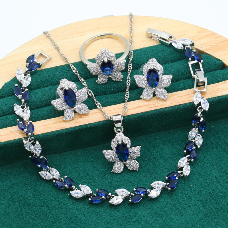 신상품 실버 컬러 주얼리 세트 여성용 웨딩 블루 지르콘 팔찌 귀걸이 목걸이 펜던트 링, 2 가지 색상 가능